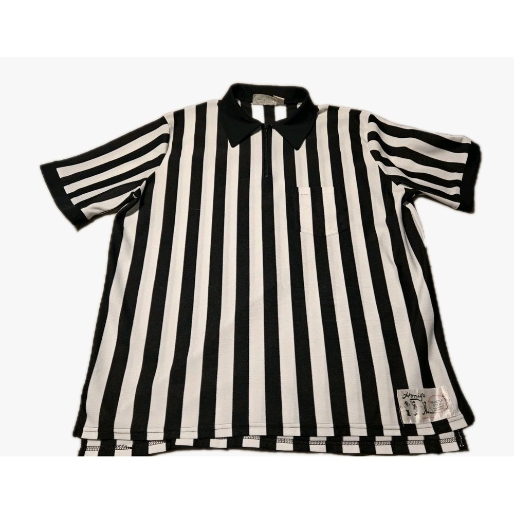 Vtg Honig's Referee Shirt XL Black White Stripe Zip Collar USA Made Whistle Stop